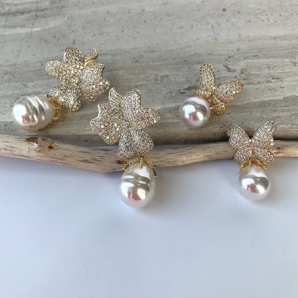 NEW ~ Anthropologie Made by Maddie Pink Travona Floral Pave Crystal & Pearl E… - Picture 16 of 16